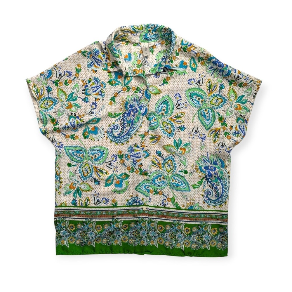 Joie Paisley Button Up Blouse Green Blue Short Sleeve Top Floral Casual Boho XS - Picture 2 of 6